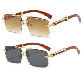 JOVAKIT Trendy Square Sunglasses for Men Women Semi Rimless Frame Shades 90s Vintage Retro Sun Glasses UV400 Protection (Gold/Gradient Brown+Gold/Grey)