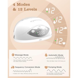 Electric Breast Pump Hands Free, Wearable Breast Pump with 4 Modes/12 Levels, Portable Painless Pumping, Adjustable Flange Sizes 19/21/24mm, Timer LCD Display Memory Function, 2 Pack White