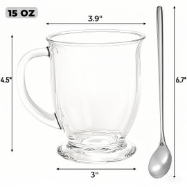 YIMITEE 6 Pack Glass Coffee Mugs with 6 Spoons, 15 OZ Clear Drinking Glasses with Handle, Large Espresso Cup, Hot Cold Beverage Glassware Set for Water, Tea, Cappuccino, Latte, Juice, Cocoa, Milk