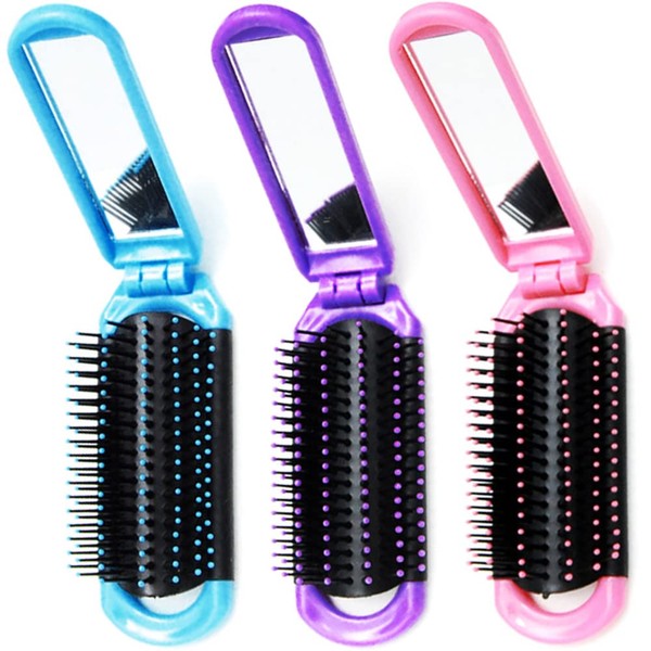 Luxxii (3 Pack) Mini Folding Mirror Pretty Detangler Hair Brush Detangling Comb for Adults & Kids