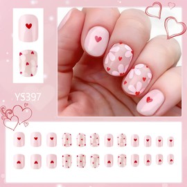 EYZOTSF Press on Nails Square Shaped Acrylic Full Cover Short Length Square False Nails with Love Heart Designs Artificial Fake Nails Glue ons Fingernails for Women Girls(YS397)