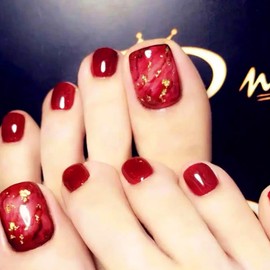 NICENEEDED 24 PCS Red Glossy Press on Toenails, Spring Summer Short Fake Toe Nail, Full Cover Artificial False Foot Nails Tips Reusable Acrylic Nails for Women Girls Foot Decoration