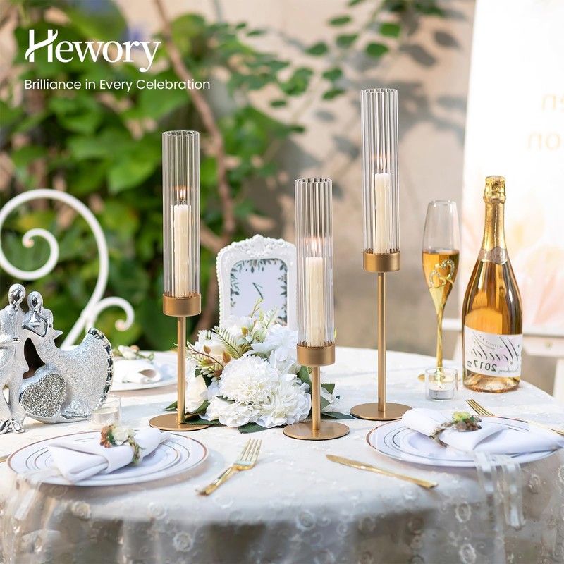 Hewory Gold Hurricane Candle Holders: Brass Candlestick Holders Set of