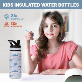 pluseight Kids Insulated Water Bottle with Straw Lid, 600ml BPA-Free Double Wall Vacuum Tumbler 18/8 Stainless Steel Leak Proof Kids Cups with Straw for School Travel Boys Girls (Ocean)