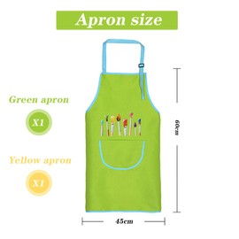 Children's Painting Apron, Set of 2 Children's Aprons Set with Pockets, Cooking Apron Children Boys Girls, Adjustable Toddler Cooking Apron for Crafts, Painting, Baking, Cooking (8-12 Years), Green +