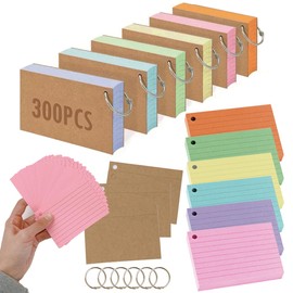Belegao Flash Cards 300PCS - 6 Pack Ruled Revision Card 150gsm A7 Index Cards with Binder Rings and Kraft Covers Lined Notecards for School, Home, Office, Record, Study(6 Assorted Colors)