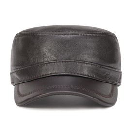 VOBOOM Leather Cadet Army Cap Adjustable Flat Top Military Style Hat for Men (Brown)