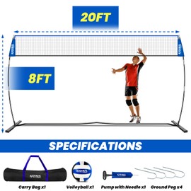 SPOYNAL 20FT Cobalt Blue Portable Volleyball Net for Backyard - Adjustable Height Freestanding Training System, Outdoor Indoor Pro Practice Equipment with Carry Bag & Premium Volleyball