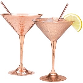 Mosscoff Copper martini glasses set of 2 9.5oz Hand hammered solid copper goblets with exquisite reinforcement ring. – Bonus pure copper straws – A gift set Valentine's day no one can resist