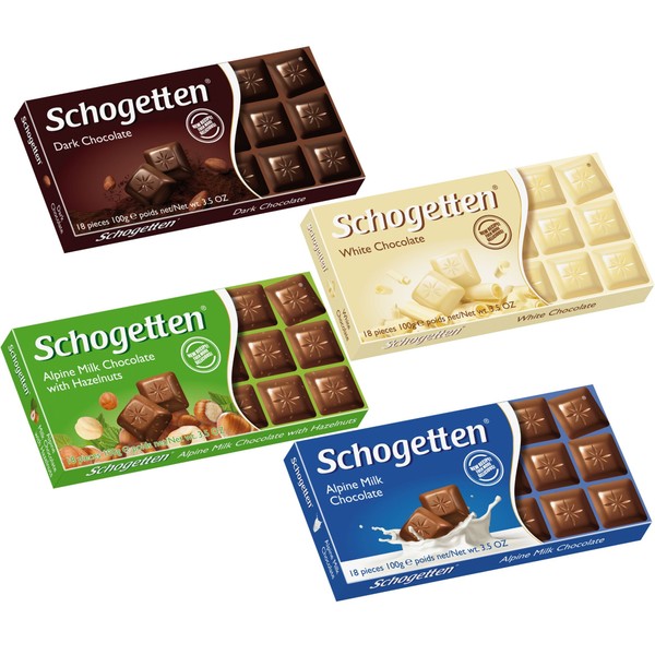 Schogetten German Chocolate Variety Pack, 100g (Bundle of 4-Dark Chocolate, White Chocolate, Alpine, Hazelnut)