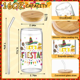 Layhit 6 Pcs Fiesta Drinking Cups Cinco De Mayo Mexican Gifts 16oz Glass Cup with Bamboo Lid and Straw Fiesta Coffee Tumbler Taco Party Decorations Mexican Tumbler for Birthday Party Supplies