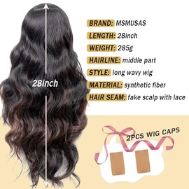 MSMUSAS Long Wavy Wig 28 Inch Synthetic Heat Resistant Wavy Wigs for Women Middle Part Long Wig for Daily Party Use(Brown Black Mix Auburn)