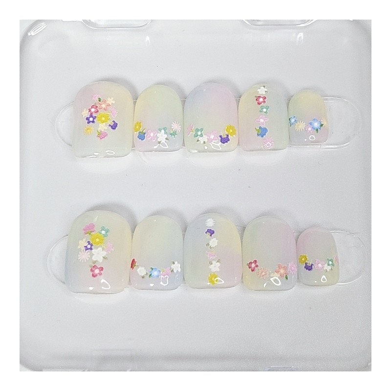 Pastel Flower Handmade Nail Tips - Long Coffin / 파스텔