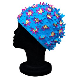 Blue Reef Aries Swimming Cap for Women Elastic Floral Classic Retro 3D Neck Multicolor Flower Pretty Stylish Vintage One Size Adult (Blue)