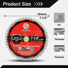 184mm Metal Cutting Circular Saw Blade - FOCSTOL Tungsten Carbide Tipped Saw Blade 48T for Steel Stainless Steel Ferrous Metals Steel Pipe Arbor 15.875mm