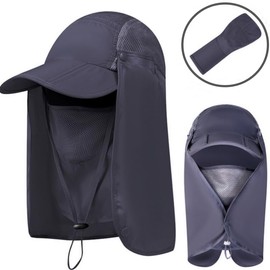 Foldable Sun Hats for Men Women Wide Brim UV Protection Fishing Hat Face Cover with Neck Flap Quick Drying with Ponytail-Hole Dark Grey