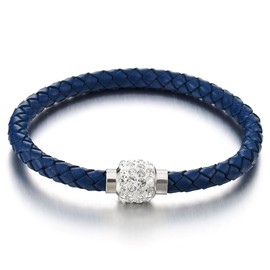 COOLSTEELANDBEYOND Blue Leather Bangle Bracelet with Cubic Zirconia and Steel Magnetic Clasp