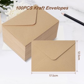 AiQlnu Pack of 100 Envelopes, 80 g/m² Kraft Paper Envelopes Made of Brown Vintage 12.5 x 17.5 cm, for Birthday Cards, Wedding Invitations, Invitations, Christmas Cards