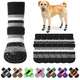 KOOLTAIL Anti Slip Dog Socks for Cold Pavement to Prevent Licking Paws with Grippers, 3 Pairs Winter Paw Protector, Double Sides Stripe Dog Shoes Toe Grips for Small Medium Large Senior Dogs (Black L)