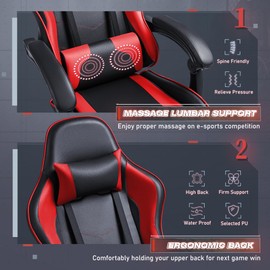 Furmax Gaming Chair, Video Game Chair with Footrest and Massage Lumbar Support, Swivel Seat Height Adjustable Computer Chair with Headrest, Racing E-Sport Gamer Chair (Red)