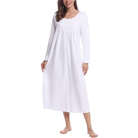 Joyaria Double Brushed 100% Cotton Flannel Women Nightgown Cozy & Warm Long Sleeve Full Length Night Gown(White,L)