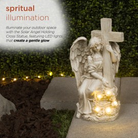 Alpine Corporation KGD574SLR Solar Angel Holding Cross Statue with LED Lights, Sentimental Decor for Garden, 14" H, White