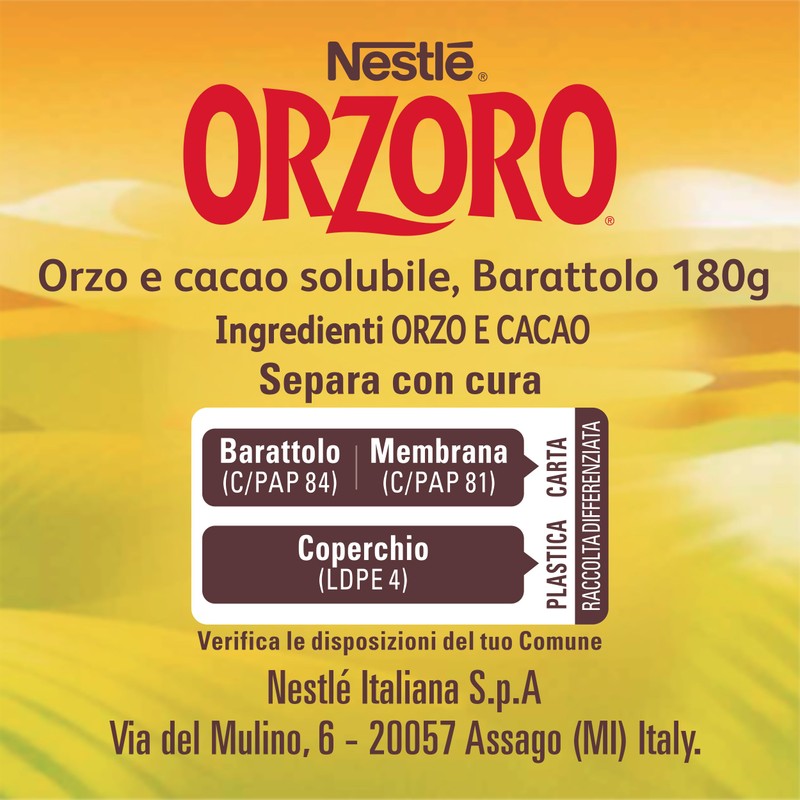 NESTLÉ ORZORO Orzo e Cacao Solubile, Barattolo 180g