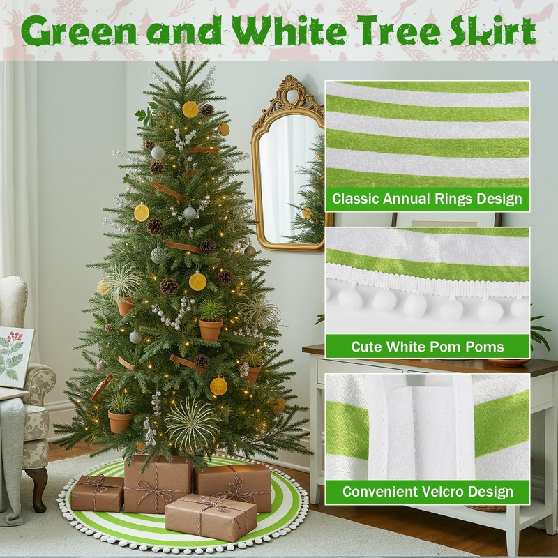 30 Inch Green and White Christmas Tree Skirt with Pom