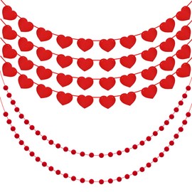 Carenfizz 6 Pack Valentines Day Garland Set, 40 Pcs Red Felt Hearts Garland Banner, 60 Balls Felt Garland, Red Pom Pom Garland for Valentines Day Decor, Kids Birthday Party, Wedding Anniversary etc.