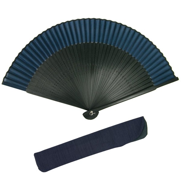 Kyoetsu Men's Hand Fan, Pure Silk, Plain Black Ribs, 2-Piece