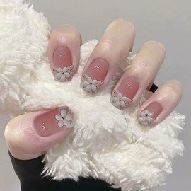 Sethexy Short Space False Fingernails French Ballerina Rhinestone False Nails Shiny Nails Stick on 24 Pieces Acrylic Pink Press on Nail Tips for Women and Girls