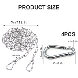 Editbar Stainless Steel Chain with Carabiner Steel Chain, 3 m Diameter 3 mm Round Steel Chain, Chain Links Stainless Steel Chains, Metal Chains for Hanging, Suitable for Dog Leads, Hanging Chairs and