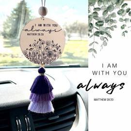 Qpige Christian Car Charm Gifts for Women Men, I am with You Always Rear View Mirror Hanger with Tassel Religious Car Hanging Ornament Car Accessories(Purple)