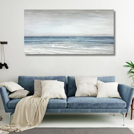 TRAIN2 ART Abstract Wall Art Painting Wall Decor Large Artwork Textured Blue and White Sea Background Canvas Wall Art for Living Room Bedroom Home Decor 28"x57"