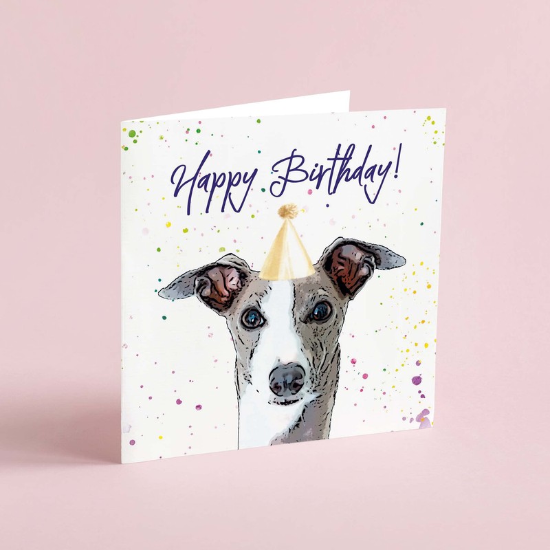 Greyhound Birthday Card - Party Hat