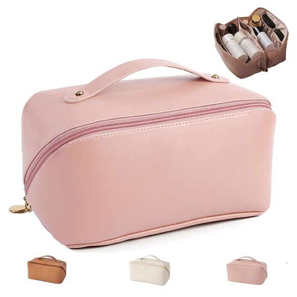 gudong Large Capacity Cosmetic Bag Women, Multifunctional Toiletry Bag, Portable Travel Cosmetic Bag Made of Leather, Waterproof Travel Make Up Organiser with Compartments Cosmetic Organiser, Cherry