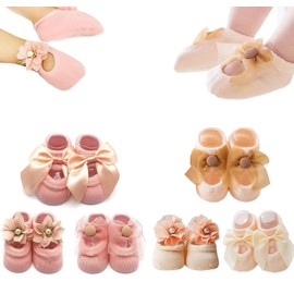 Sywwlov 6Pairs Non-skid Baby Girls Lace Ankle Socks Newborn Toddler Cotton Flower Bowknot Walker Socks 0-18M (Beige&Pink, S for 0-10 Months)