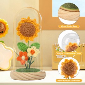 Christmas Sunflower Gifts for Women, Crochet Sunflower in Acrylic Dome with LED Light Strip, Eternal Flowers Unique Present for Wife, Mother, Grandma, Girlfriend, Coworker, Birthday, Anniversary
