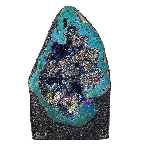 Nupuyai Titanium Coated Natural Rock Crystal Geode Druze Gemstone Crystal Cluster Quartz Geode for Reiki Healing House Feng Shui Decoration (Standing Shape)