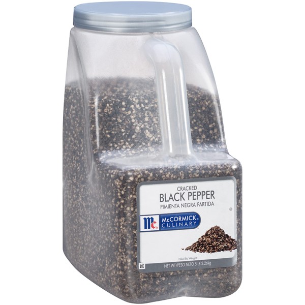 McCormick Culinary Cracked Black Pepper, 5 lb - One 5 Pound Container of Bulk Coarse Black Pepper for Recipe Customization, Perfect on Kabobs, Steak, Marinades, Sauces, Salads and More