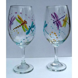 2 Dragonfly Multi Color Hand Painted Wine Glasses
