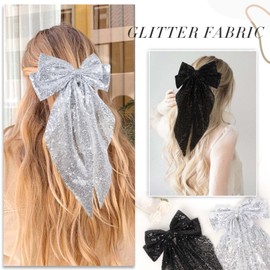 2Pcs Big Glitter Layered Hair Bows for Women Girls 8 Inch Barrette Hair Clip Black Sliver Sparkly Large Long Bows Style Hair Accessories (Black+Silver)