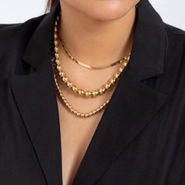 Octwine Gold Beads Ball Chain Collar Choker 3 Layered Necklace Flat Snake Bone Choker Necklaces Punk Wedding Jewelry for Women and Girls(Gold)