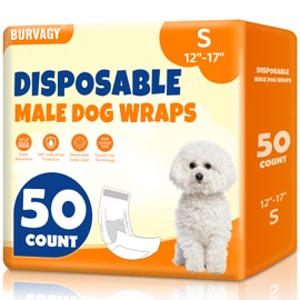 BURVAGY 50 Count Disposable Male Dog Wraps, Male Dog Diapers, Super Absorbent Pee Wraps, Belly Bands for Dogs, Leak Proof, Wetness Indicator, Puppy and Doggie Diaper for Peeing, Small
