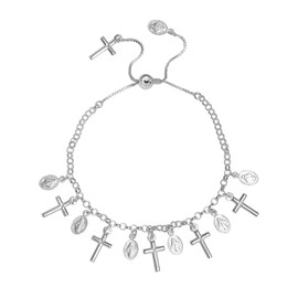 LeCalla 925 Sterling Silver Virgin Mary Rosary Bracelet Miraculous Medal and Cross Charm Adjustable Link Chain Bracelet for Women Teen 10 Inches