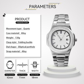 BARAMON Wrist Watches for Men, Nautilus Stainless Steel Quartz Movement Date Luxury Style Men's Luminous Hands Casual Business Watches