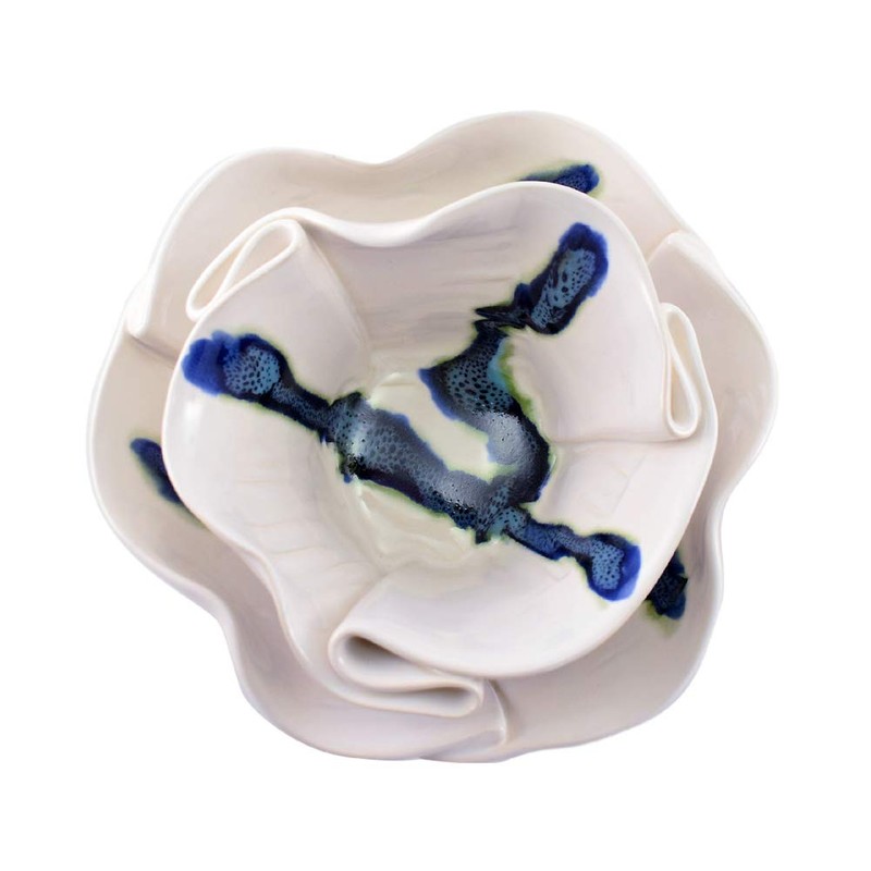Aurora Collection Salad and Soup Bowl Set in Blue/White, Handmade