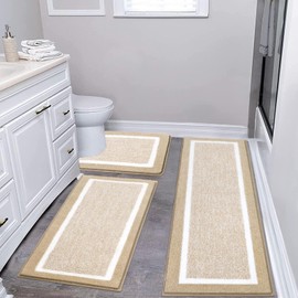 Pauwer Bathroom Rugs Sets 3 Piece Bathroom Shower Rugs with U-Shaped Contour Toilet Mat Absorbent Microfiber Plush Bath Mats Non Slip Bath Rugs Machine Washable Shaggy Bathroom Floor Mats, Beige