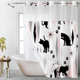 EOBTAIN No Hook Mid Century Shower Curtain with Snap in Liner Boho Cute Black Cat and Geometric Fabric Shower Curtain Pink and Gray Hookless Bathroom Curtains Shower Curtain Set Decor 71x74 Inch