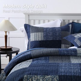 Yvooxny Quilts Queen Size Reversible Lightweight Bedspread 3-Piece Quilt Set Plaid Floral Patchwork 100% Cotton Queen Quilt Set Bedding Set with Pillow Shams for All Seasons, Azure Blue, 90x98''